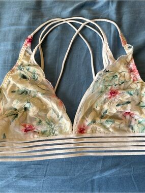 PINK Victoria's Secret Cream Floral Mesh Bralette with Striped Band size large